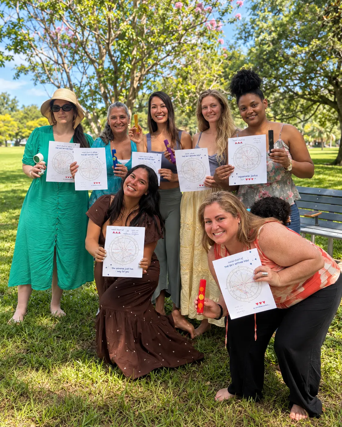 A group holding their astrology chart prints outdoors
