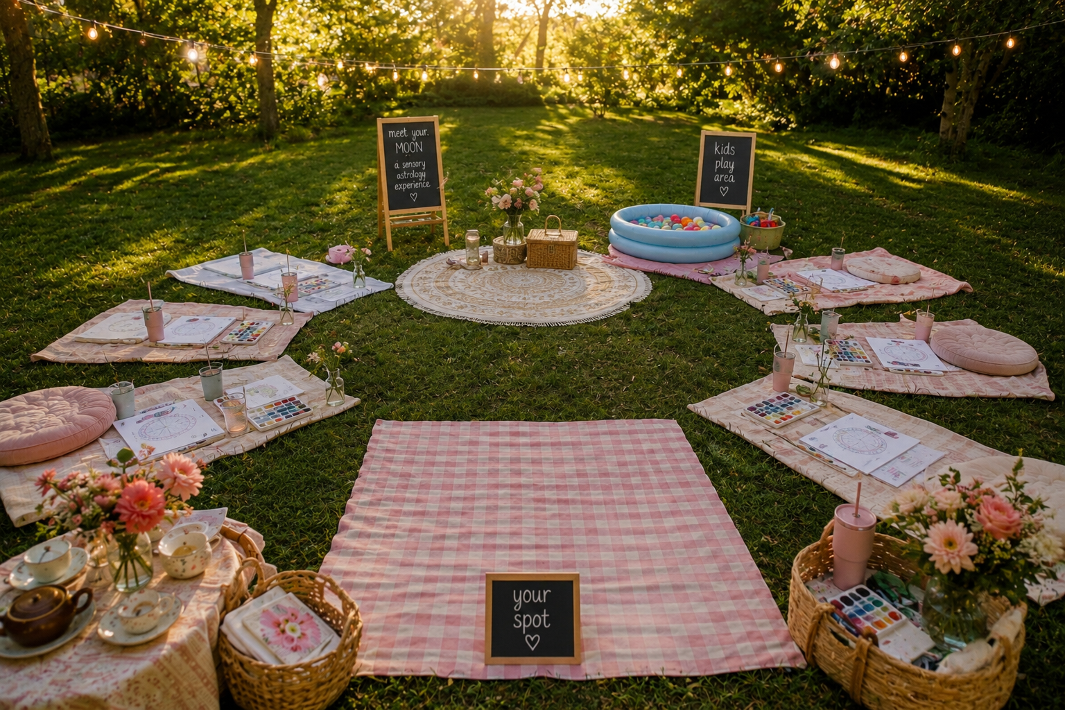 Picnic blankets set up for Meet Your Moon at Crescent Lake